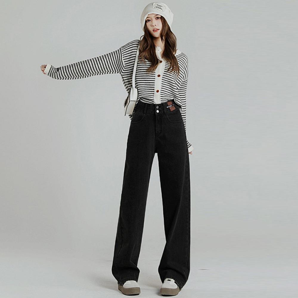 Autumn and winter 2025 double-breasted Spice Girl high-waisted jeans women's drape and thin straight-leg pants design sense niche tide