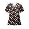 Women's Loose Short Sleeved Fashionable Tooth Pattern Printing V-neck Buttonable Side Slit Top T-shirt