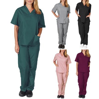 S-2XL Summer V-neck Nursing Tops Pants Suit Soft Thin Casual Solid Short Sleeve New Women Scrub Uniform Work Set Medical Doctor
