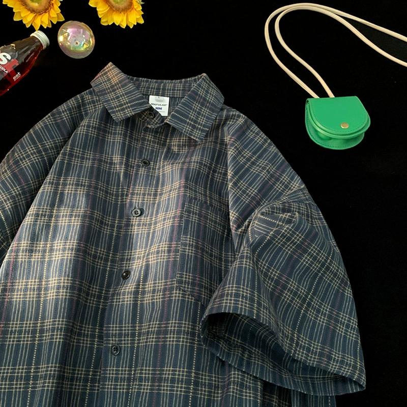 Men's Summer Lapel Short-sleeved Plaid Shirt Youth Buttons Loose Casual Blouse