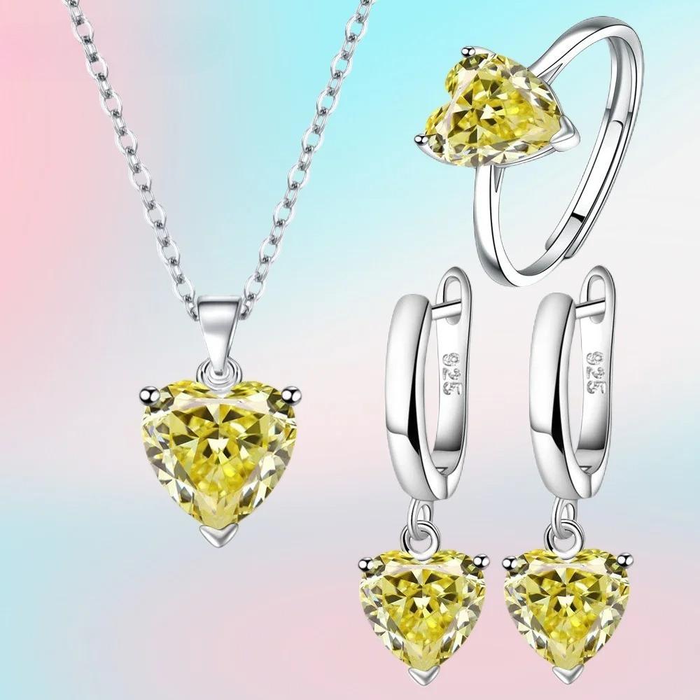 Fine   Copper Jewelry Gift Sets for Women Female Romantic Heart Zircon Huggie Earrings Pendant Necklace Ring