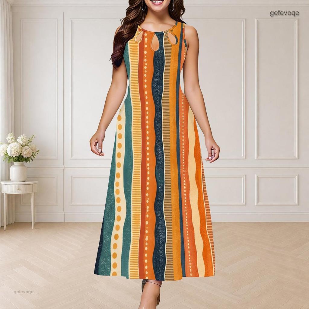 Women Plus Size Round Neck Triple Keyhole Cutout Sleeveless Printed Long Dress