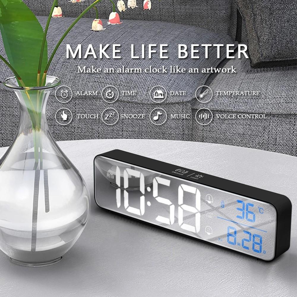 Charging mirror surface smart LED music wall clock with 2 sets of workday alarms 5 levels of brightness adjustable light