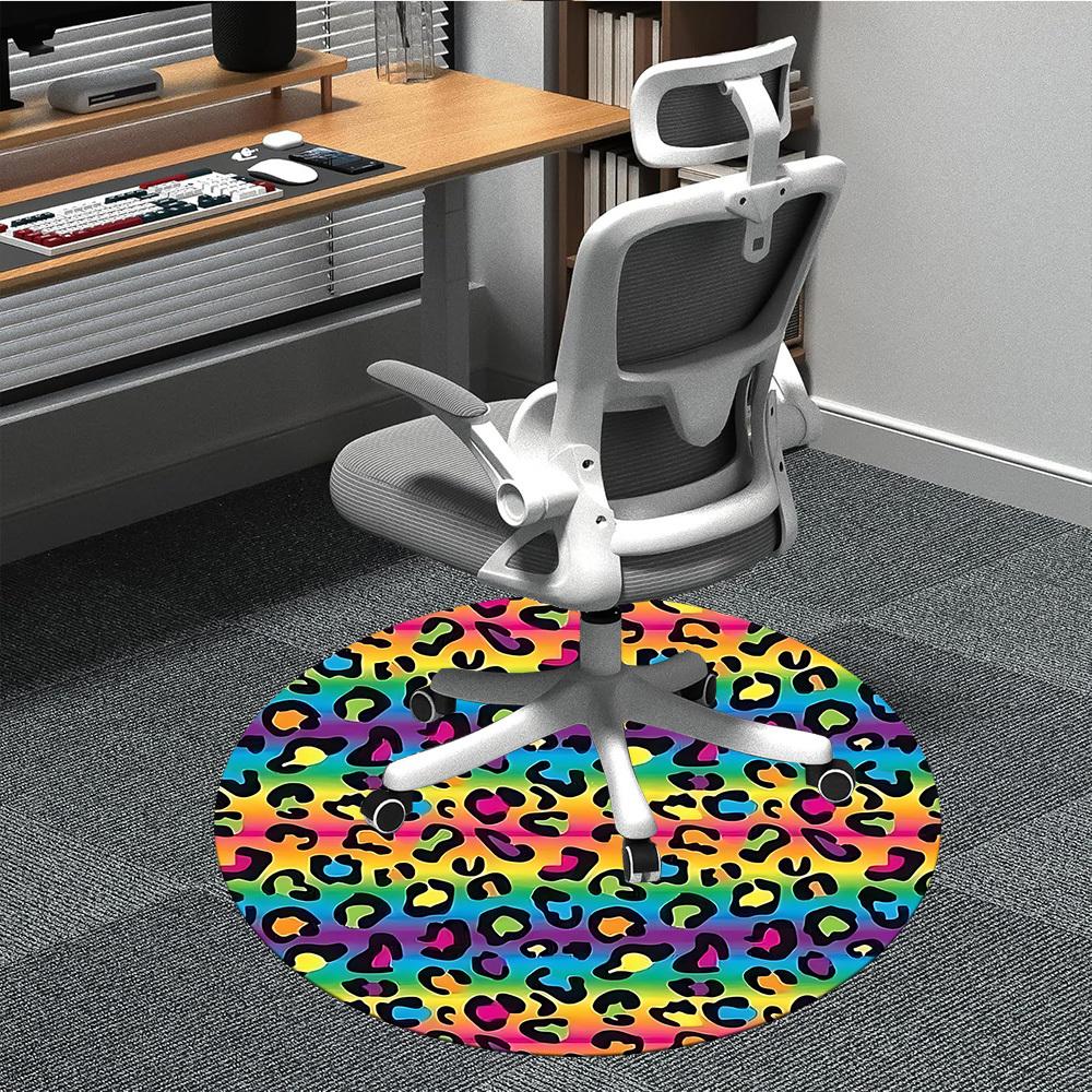 1pc Rainbow Leopard Print Chair Carpet for Office, Round Polyester Mat, Indoor Decor for Office, Easycare Fabric, Washable Non-slip Area Carpet