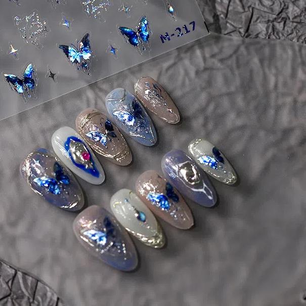 1pcs 5D Luxury Glitter Blue Butterfly Nail Art Stickers Retro Luxury Self Adhesive Transfer Nail Decorations Slider Decals DIY