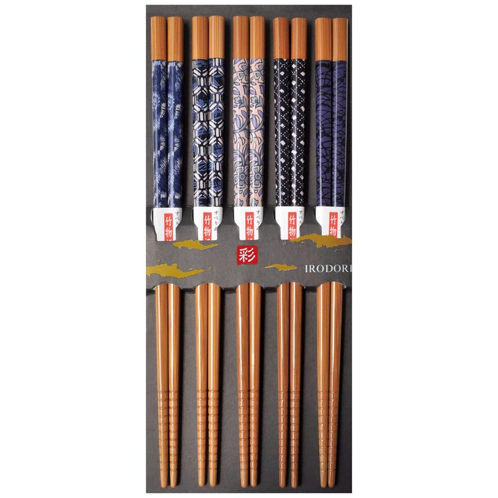 Wakasa Lacquer Set of for Made of Bamboo with Susu Bamboo and Indigo Made in Product Number 265052 Chopsticks, Non-Slip, 22.5cm, 5, Guests, Dye,