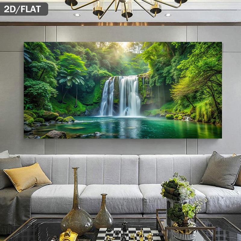 One Oversized Modern Minimalist Canvas Painting - Frameless Lush Green Forest Waterfall Wall Art Poster -