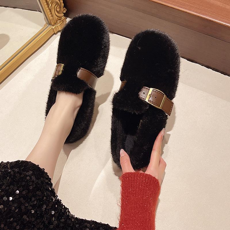 French Fluffy Shoes for Women's Outer Wear 2025 Autumn and Winter New One-pedal Plush Mary Jane Doudou Single Shoes Cotton Shoes