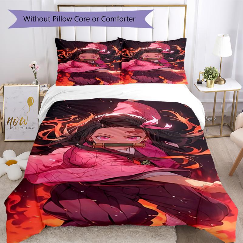 3pcs Demon Slayer Bedding Set Duvet Cover Closure Includes 1 Duvet Cover & 2 Pillowcases, Soft and Comfortable for All Seasons.