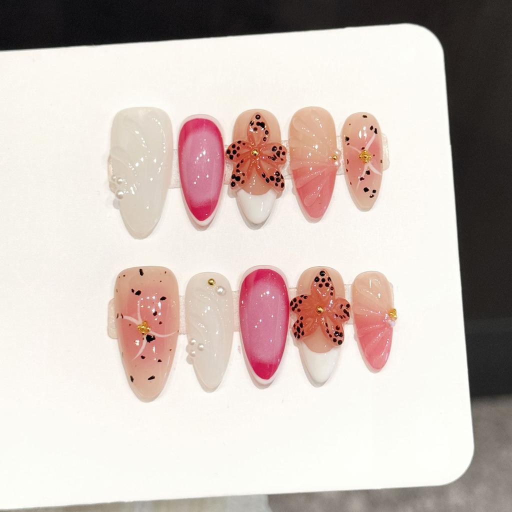 10Pcs Nail Art Tips with 3D Flower Design and Ink Splatter Pattern for Sensitive Skin