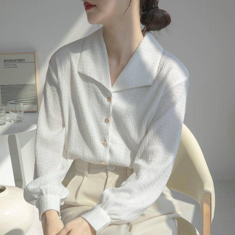 Spring and Autumn  Textured Muscle Lapel Shirt Female Long-sleeved Loose Casual Design Sense Niche Shirt