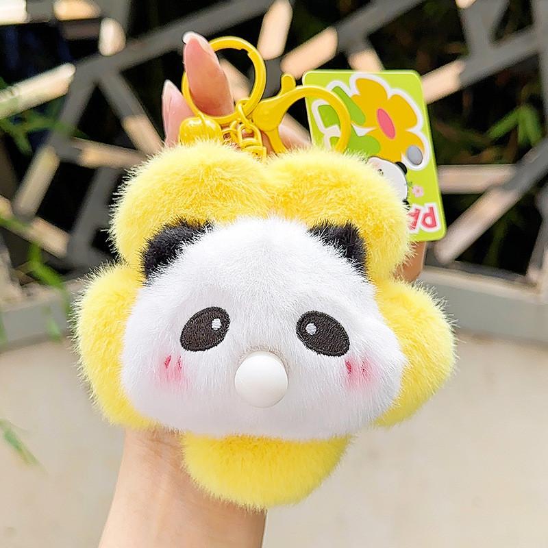 Playful Flower Panda Head Plush Keychain Colorful Cartoon Animal Keyring