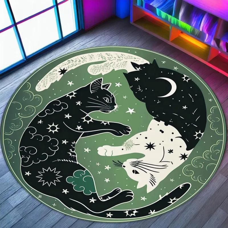 Yin Yang CAT Printed Round Carpets for Home Living Room Rug Bedroom Decor Rug Non Slip Washable Flannel Floor Mat