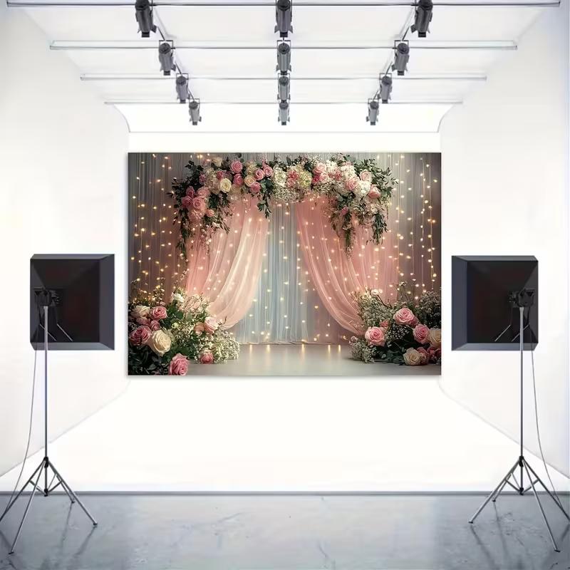 Pink Floral Wedding Arch Tapestry, Sheer Curtain with Lights Background Cloth, Romantic Party Backdrop