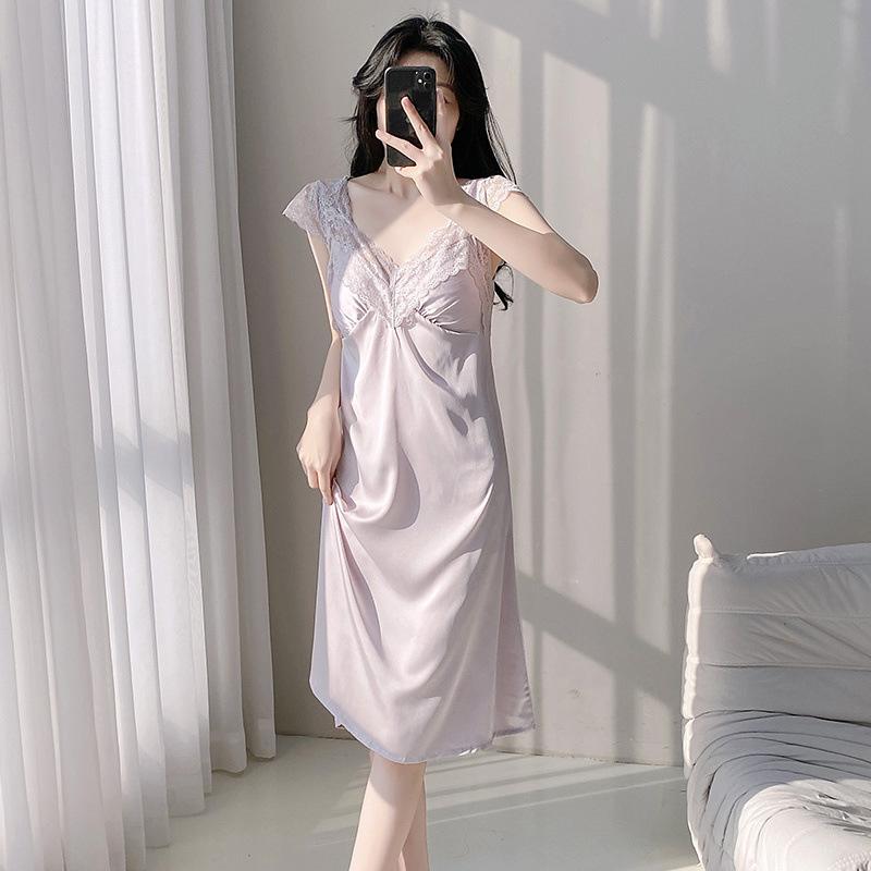 Ice Silk Pajamas Women's Summer 1011 New Sexy Lace Suspender Nightdress with Chest Pad Pure Desire One-word Shoulder Loungewear