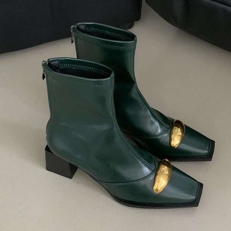 Fashion New Shoes Designer Metal Women Ankle Elastic Boots Fashion Zippers Footwear Square Heels Ladies Modern Short Booties Shoes