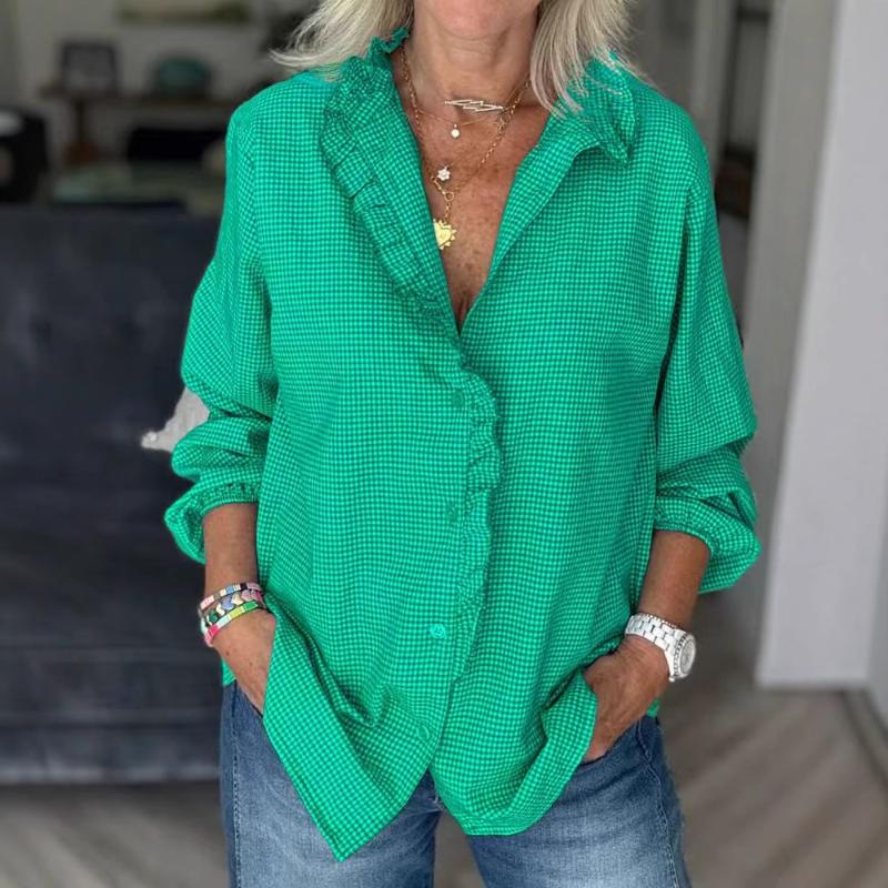Neue Damen Knöpfe Lässig Langarm Patchwork Revers Tops Hemden