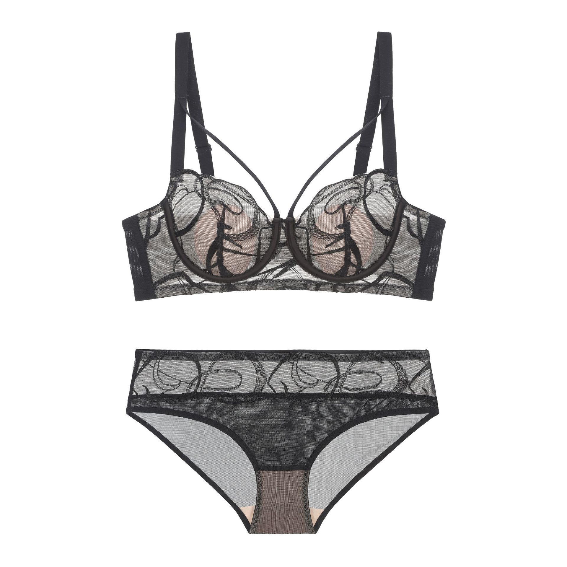 

Французское женское нижнее белье сексуальное вышивка кружевом бюстгальтер тонкий хлопок чашка с кроличьими ушками большая грудь маленький бюстгальтер 70B чёрный