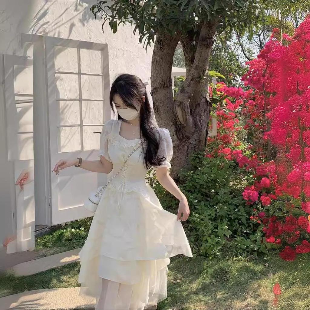 Short-Sleeve Ladylike Apricot Fairy Dress - French Style, Waist-Slimming, Irregular Hem