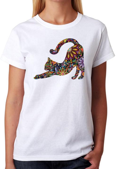 Cat Stretching Floral T-Shirt Ladies Fitted Tee Womens Fashion Top XL