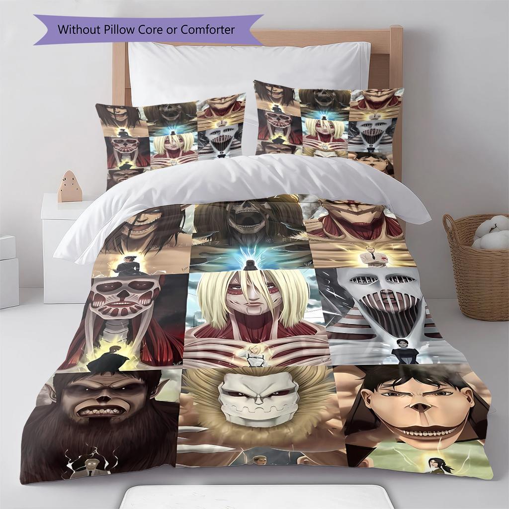 Pościel z motywem Attack on Titan, Zestaw kołdry Poszewka na kołdrę Poszewka na poduszkę Domowy prezent urodzinowy (1 * poszwa na kołdrę + 2 * poszewki na poduszki, bez rdzenia)