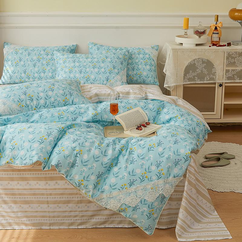 Vierteiliges Bettlaken aus reiner Baumwolle mit Blumenmuster, dreiteiliges Set mit kleinem, frischem Baumwollbett im Prinzessinnen-Stil