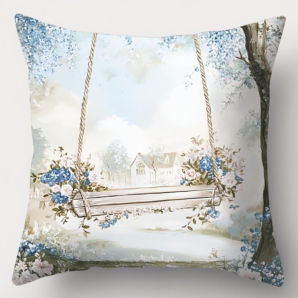 Blue Floral Patterned Cushion Covers With Cottage Scenes Polyester pillowcase, sofa decorative cushion cov Headboard Pillow