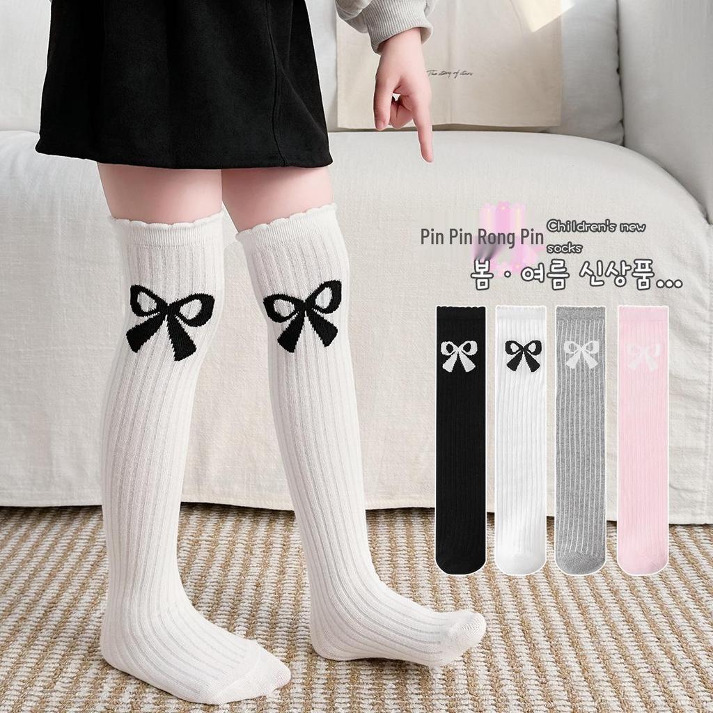 Girls' Korean Style Bow Princess Mid-Calf Socks - Spring Combed Cotton Long Socks for Kids