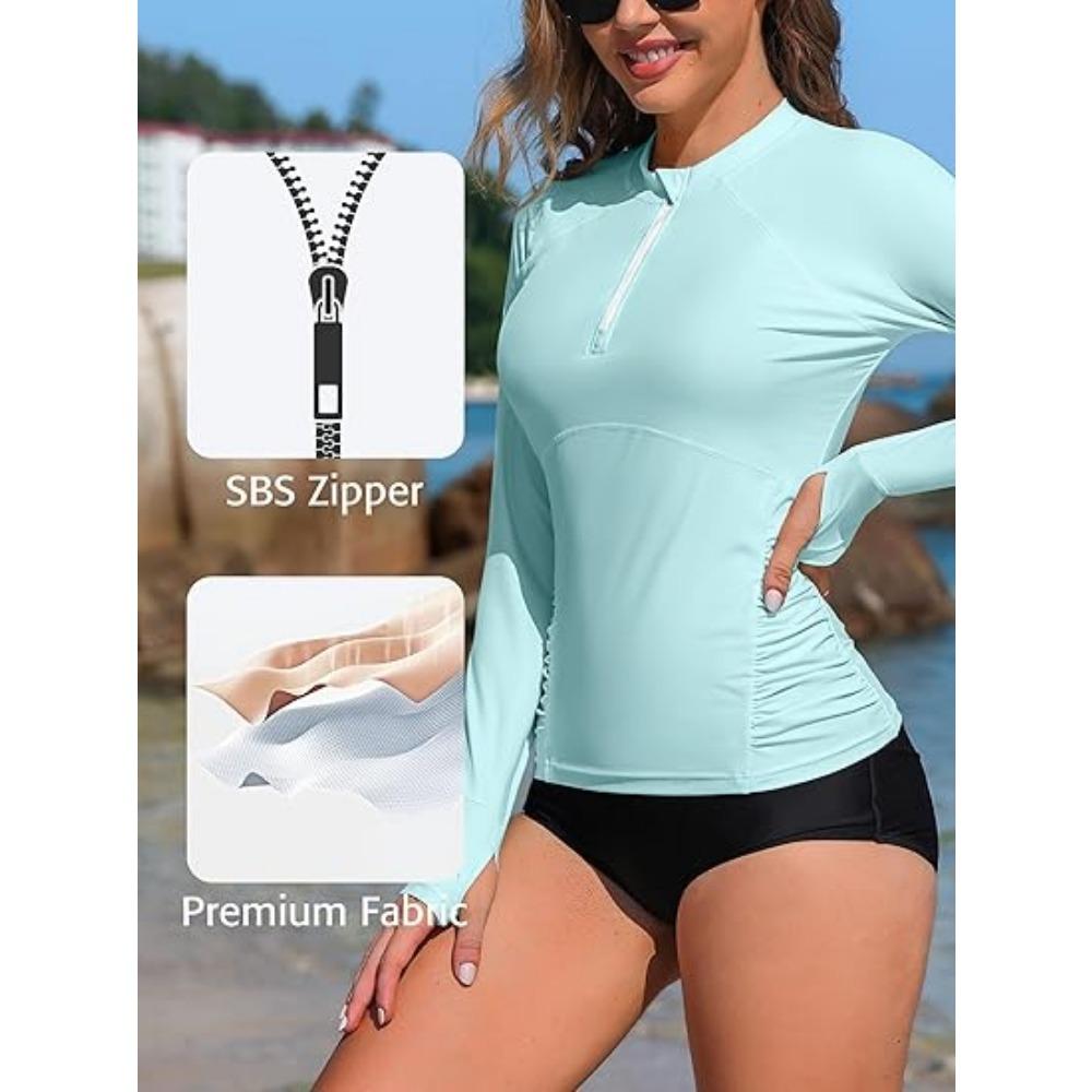 CHARMLEAKS Damen Rashguard Langarm Badeanzüge UV UPF 50+ Reißverschluss Schwimmshirt Schnelltrocknende Sonnenshirts