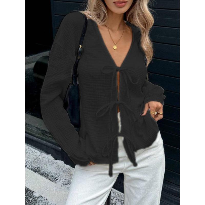 IHUASU Women's Fashion Casual Solid Color Print Long Sleeve V-Neck Blouses & Shirts