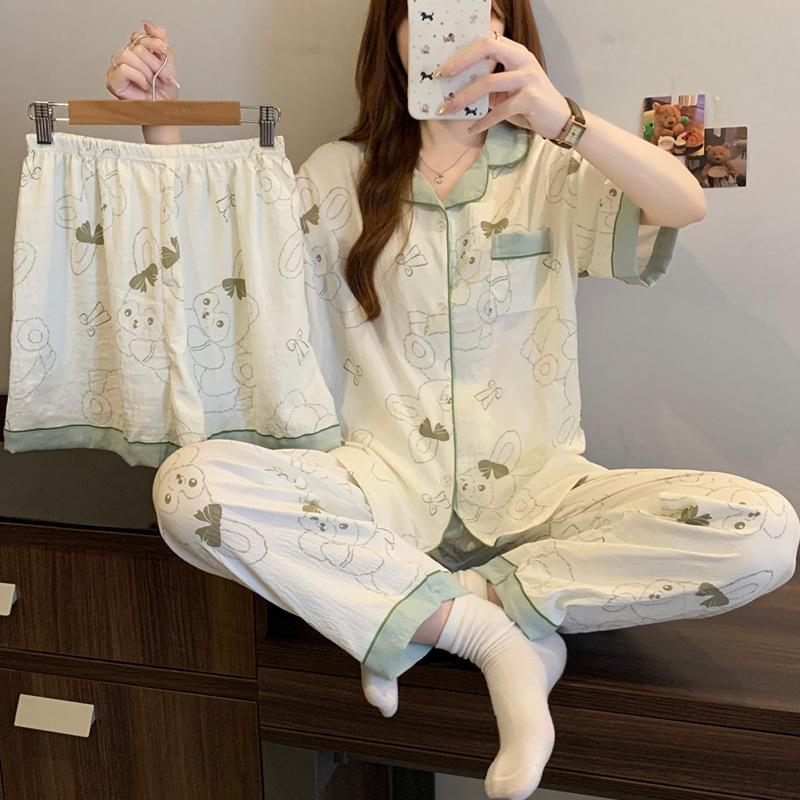 Girls Sweet Rabbit Cloud Cotton Pajamas Women'S Summer Comfortable Skin-Friendly Homewear Short Sleeve Three-Piece Set