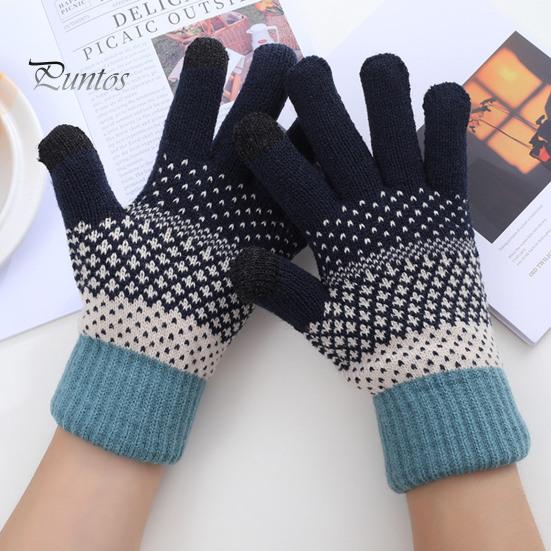 Winter Gloves 1 Pair Thickened Warm Full Fingers Touch Screen Ribbed Cuffs Women Striped Splicing Double Layer Fleece Lining Knitting for Cold Weather