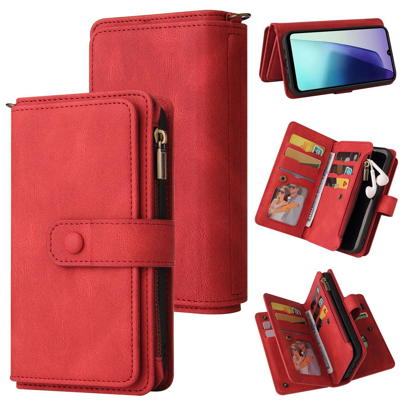 

For Xiaomi Poco C75 4G/Redmi 14R 5G/14C 4G Zipper Wallet Case with 15 Card Slots and Strap Leather Phone Cover Red