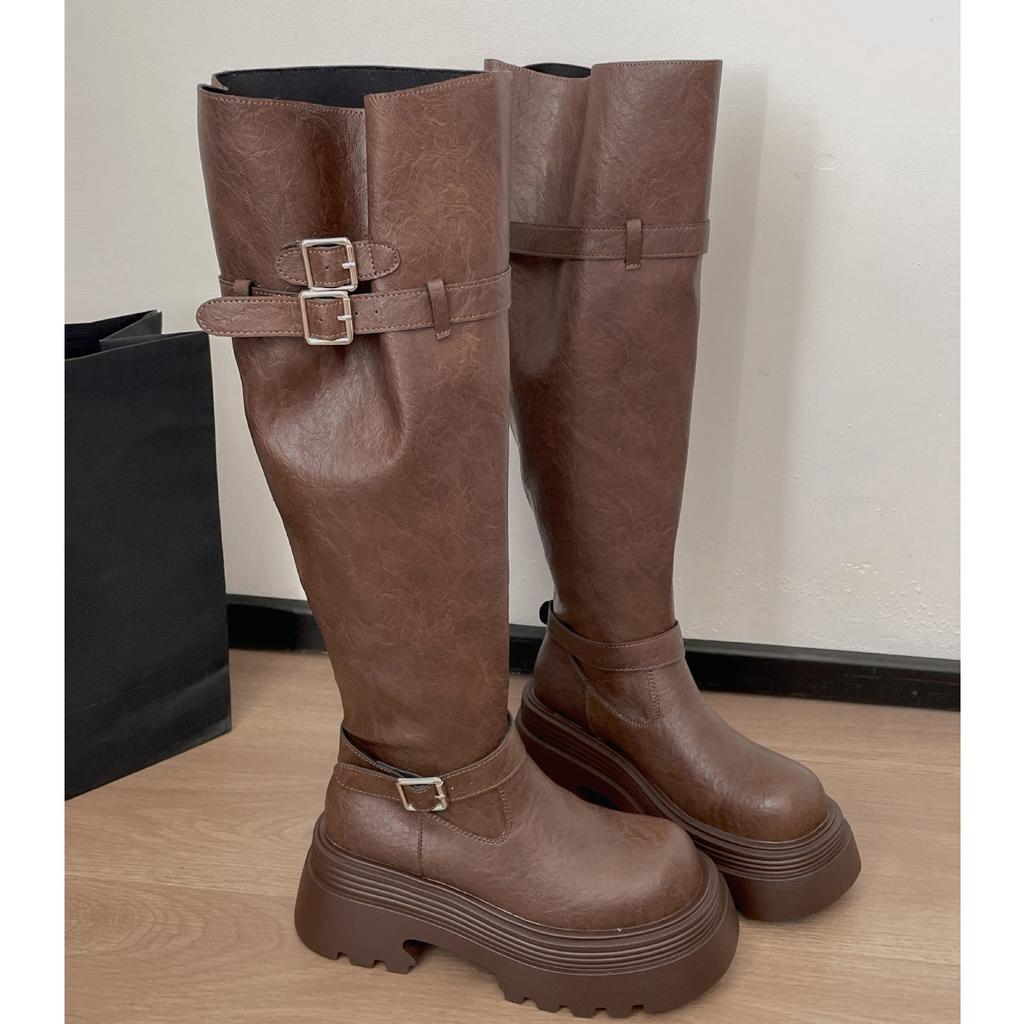 Black retro platform boots women's boots 2025 new autumn small slim versatile pile knight boots