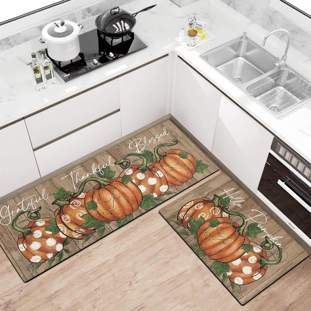 Fall Thanksgiving Pumpkin Kitchen Rugs Hello Pumpkins and Sunflowers Thankful Farmhouse Floor Mats and Rugs Washable for Kitchen