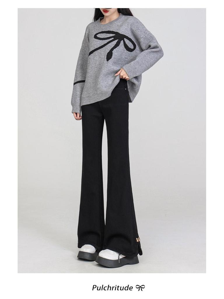 Spring Women's Plus Size Micro-Flare Elastic Jeans - Loose Slimming Split Cropped Pants for Petite