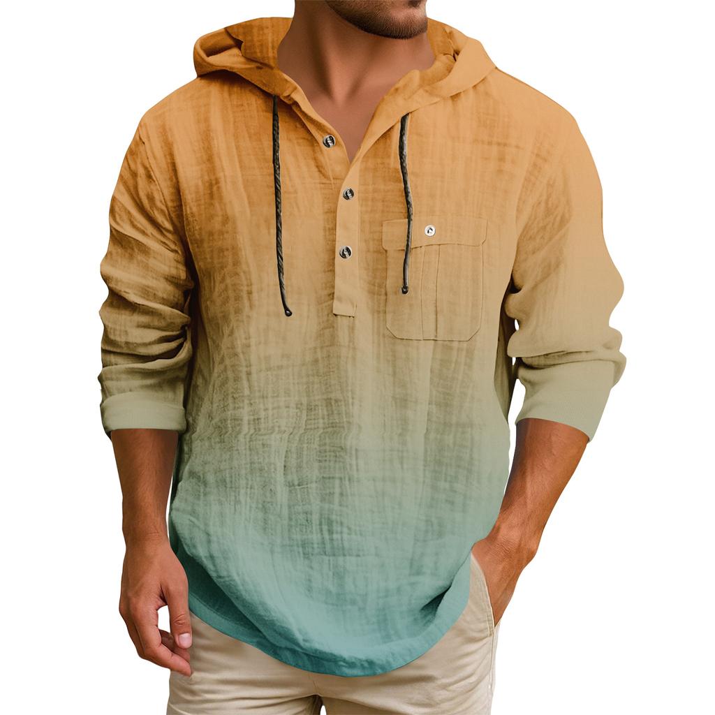 Men's Hooded T-shirt Gradient Color Cotton And Linen Men's Casual Long-sleeved Top