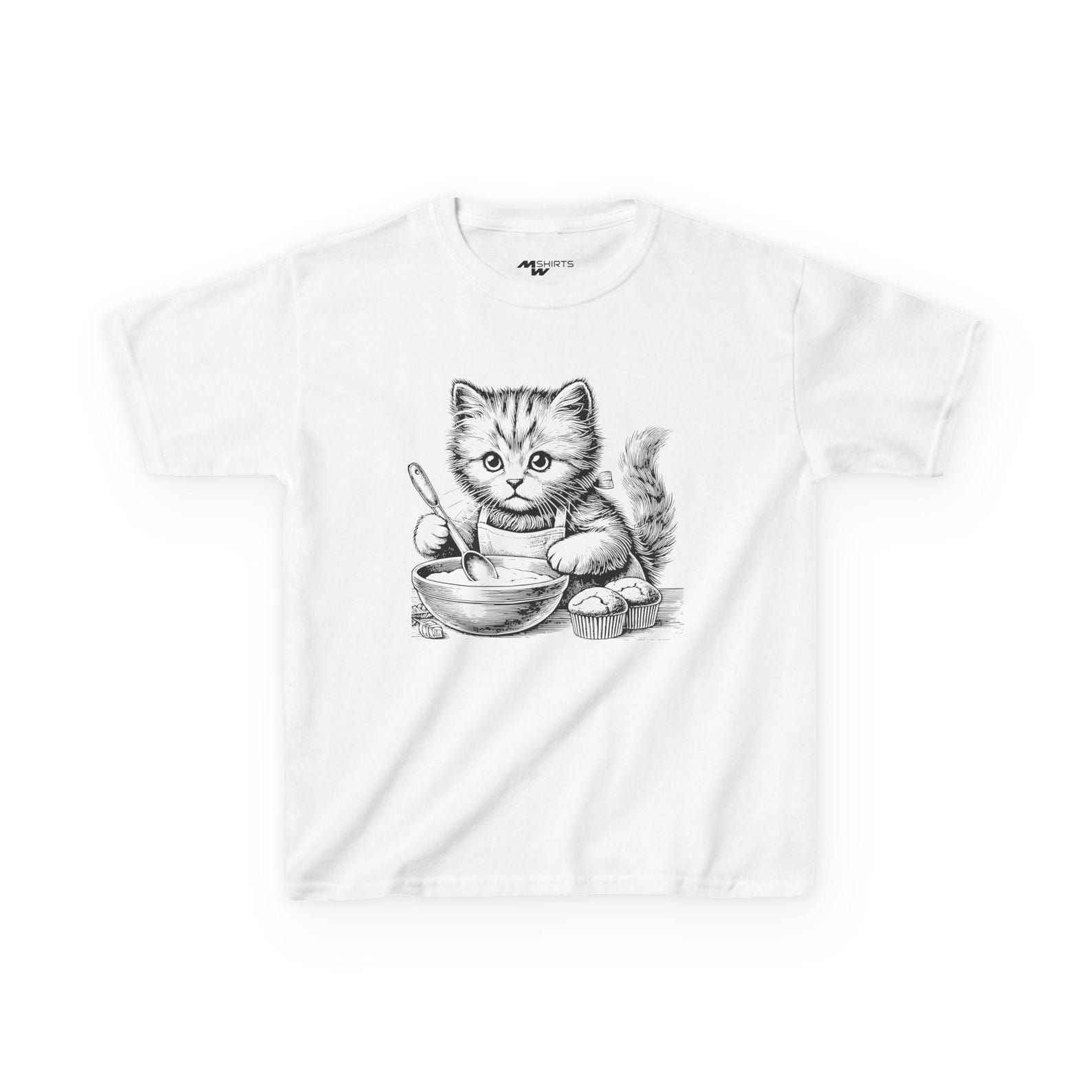 Ретро Футболка с котенком-пекарем: Детская футболка в винтажном стиле 2XL