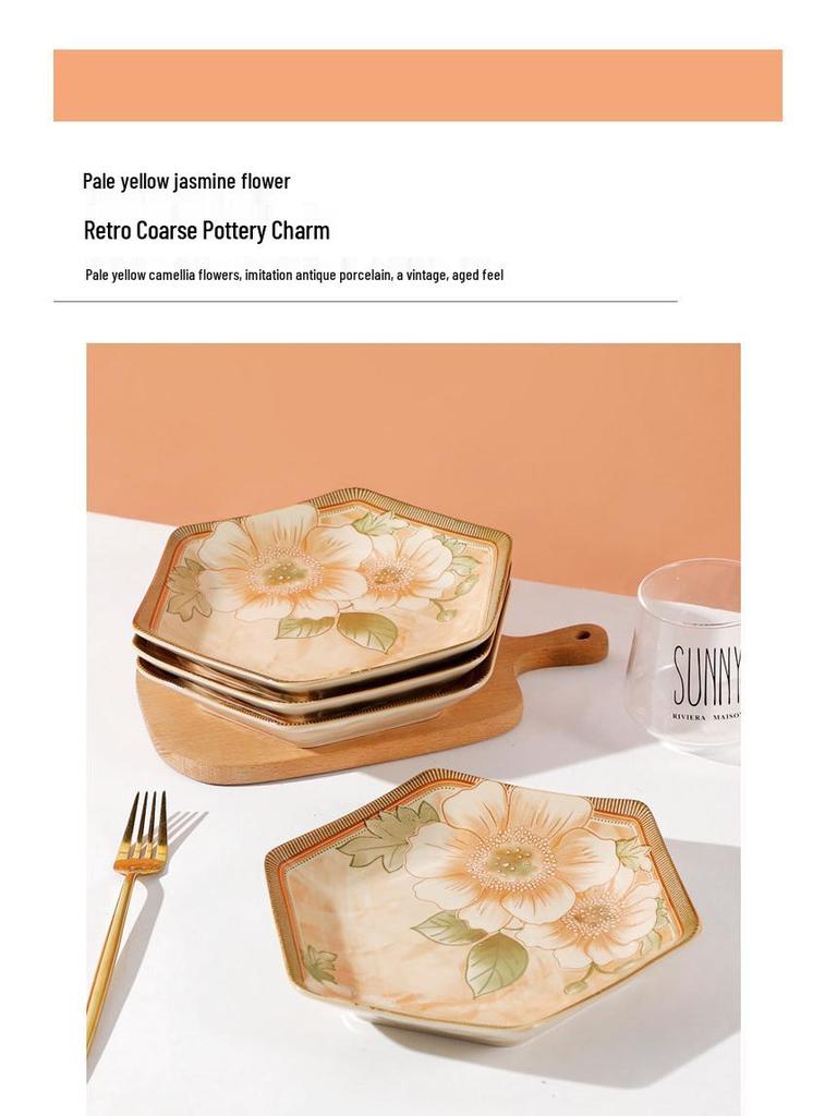 European Jasmine Rhombus Ceramic Dinnerware Set - Includes Small Plates, Fruit Plates, and Dinner Plates.