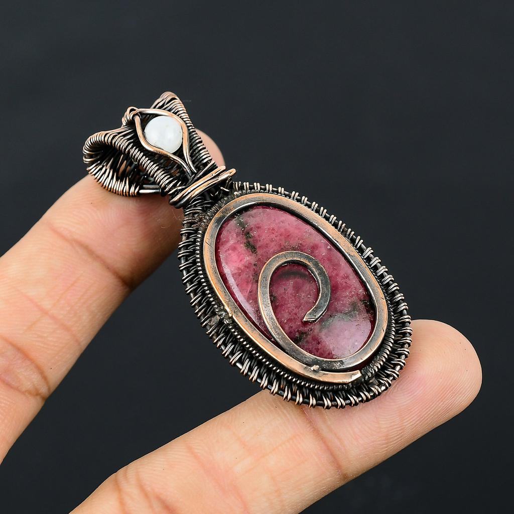 Natural Rhodonite,Moonstone Stone Handmade Copper Wire Wrap Pendant 2.36" Z2Z53