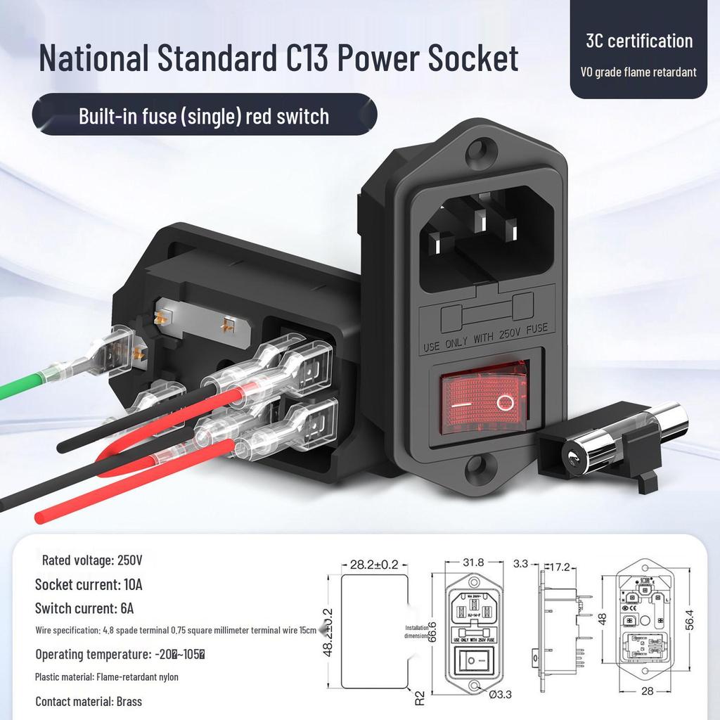 3-in-1 Type C Power Socket with Fuse, Switch, and 3-Pin Convex Surface, 10A/250V