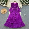 French Celebrity Pleated V-neck Long-sleeved Lace-up Ruffle Edge Waist Dress Women's Elegant Big Swing Dress