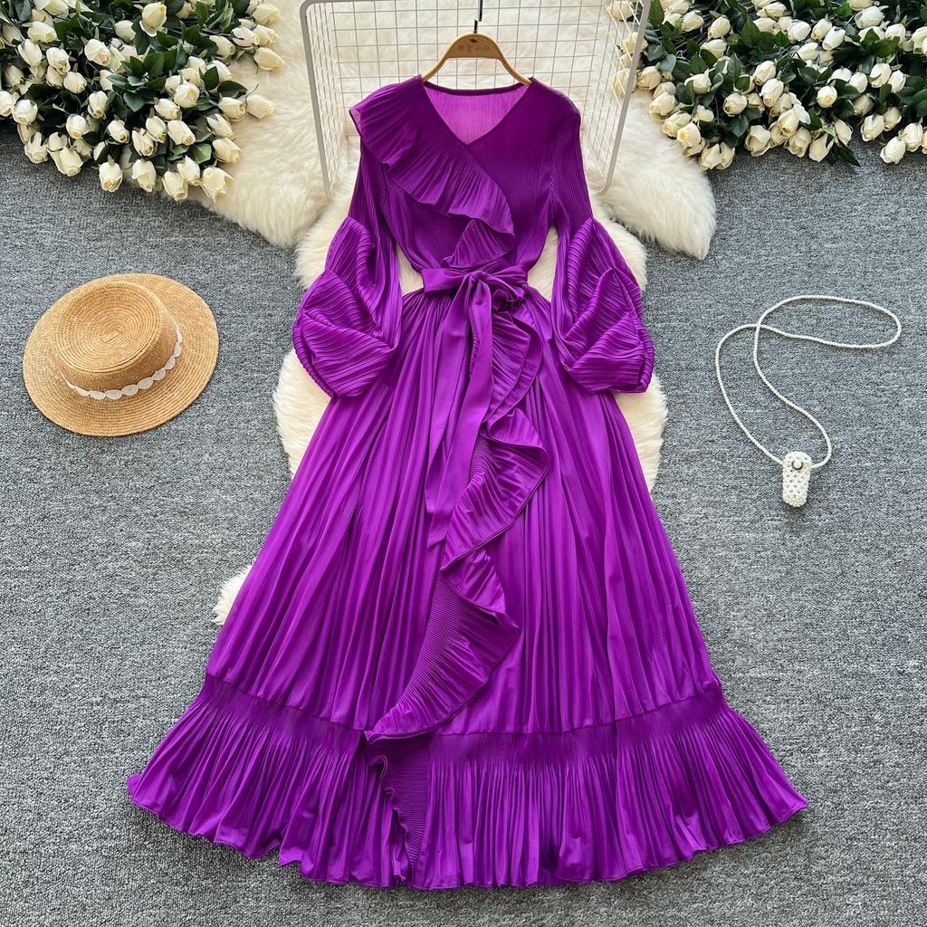 French Celebrity Pleated V-neck Long-sleeved Lace-up Ruffle Edge Waist Dress Women's Elegant Big Swing Dress