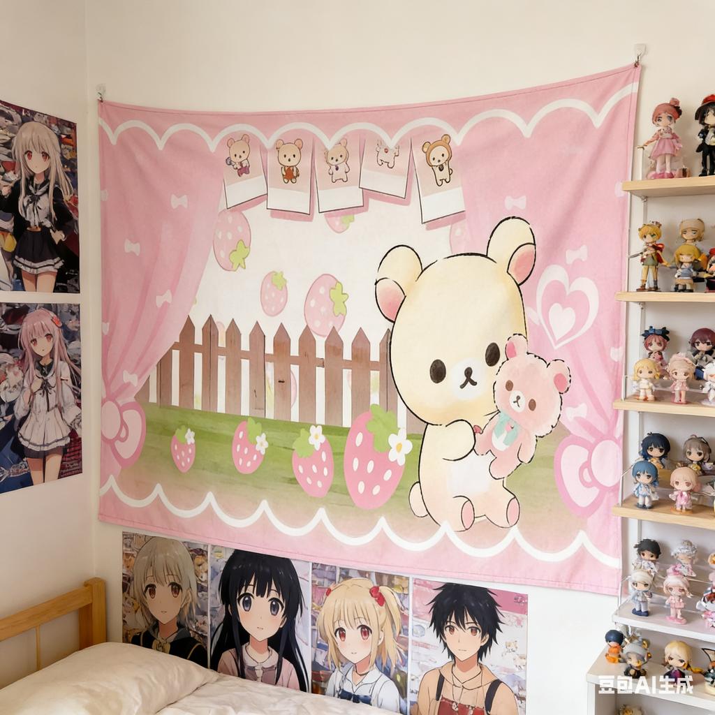 1pc Kawaii Strawberry Bear Tapestry 2D Polyester Flat Print Cute Pink Bear with Strawberry Wall Hanging Decor for Bedroom Living