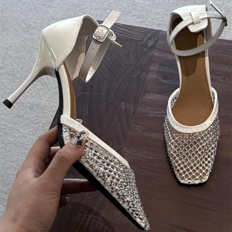 Fashion Luxury Mesh Rhinestone Designer Sandals Fashion Buckle Ankle Strap Square Toe women Slide Sandals summer Sexy Hollow Ladies Shoe