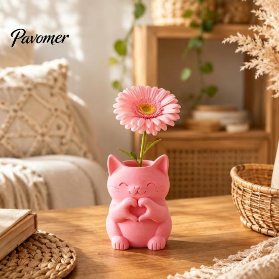 Whimsical Studio Display Props 3D Printed Cat Vase, Cute Smiling with Heart‑Hand Gesture Flower Holder, Creative Pen Cup for Office Animal