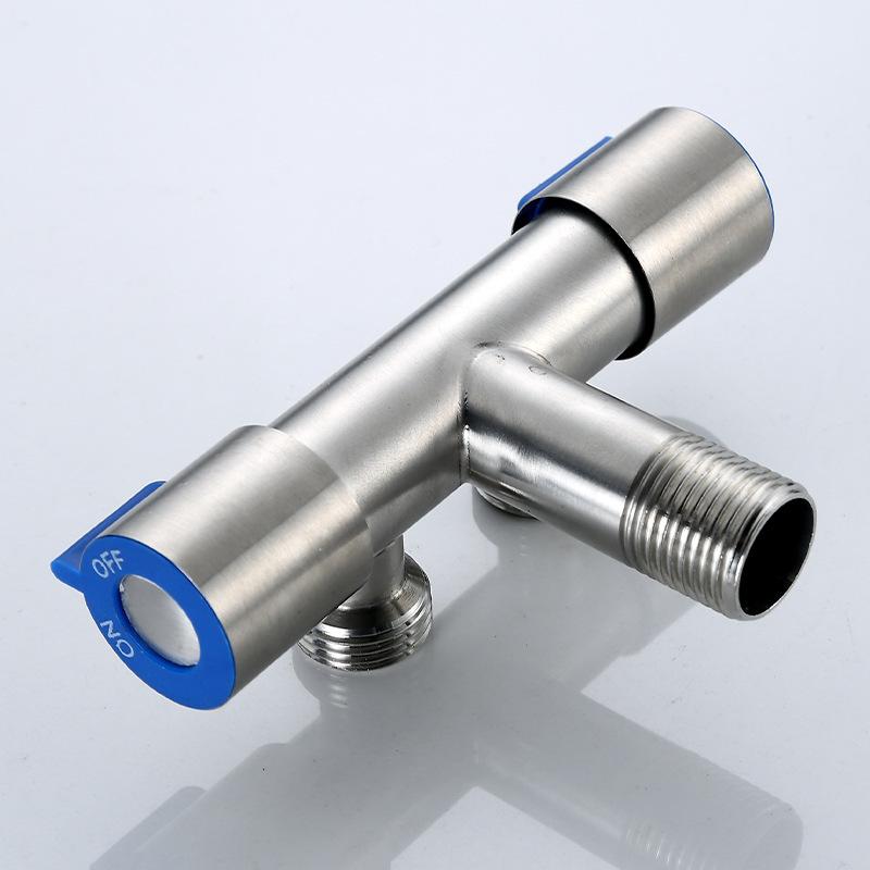 1 Inlet and 2 Outlet Bathroom Faucet Dual Control Double Handle Stainless Steel Cold Water Faucet Washing Machine Triangle Valve Silver