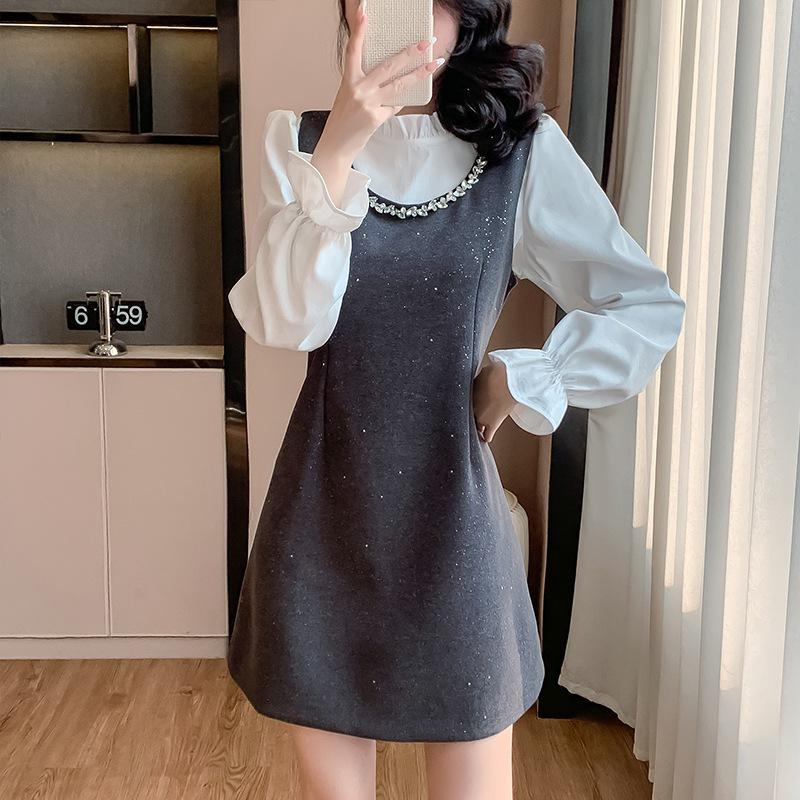 

Элегантный женский весенний костюм-двойка: Блестящее платье-жилет с рубашкой с кружевным воротником Extra Large