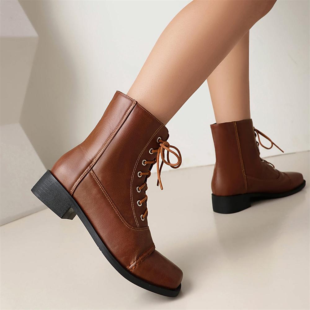 Módní všestranné dámské kotníkové boty podzim/zima britský styl PU kůže krátké boty šněrovací pro dojíždění plochá podrážka motorkářské boty