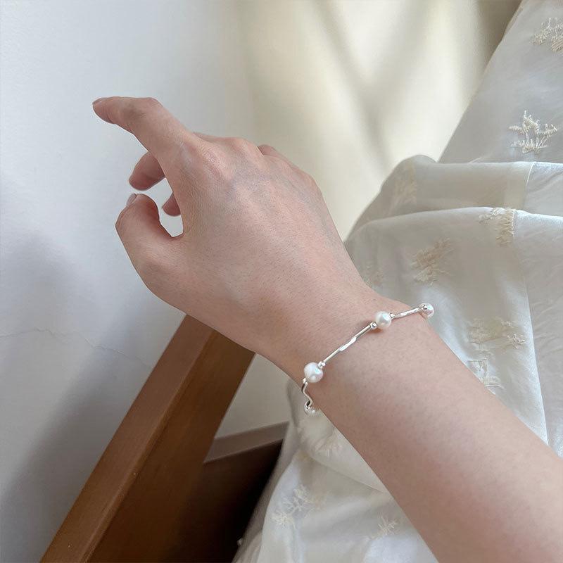 Qiqi Small Fresh Pearl Tube Bracelet Women'S Simple Handmade Wave Bracelet Small Student Girlfriend Silver Jewelry Women